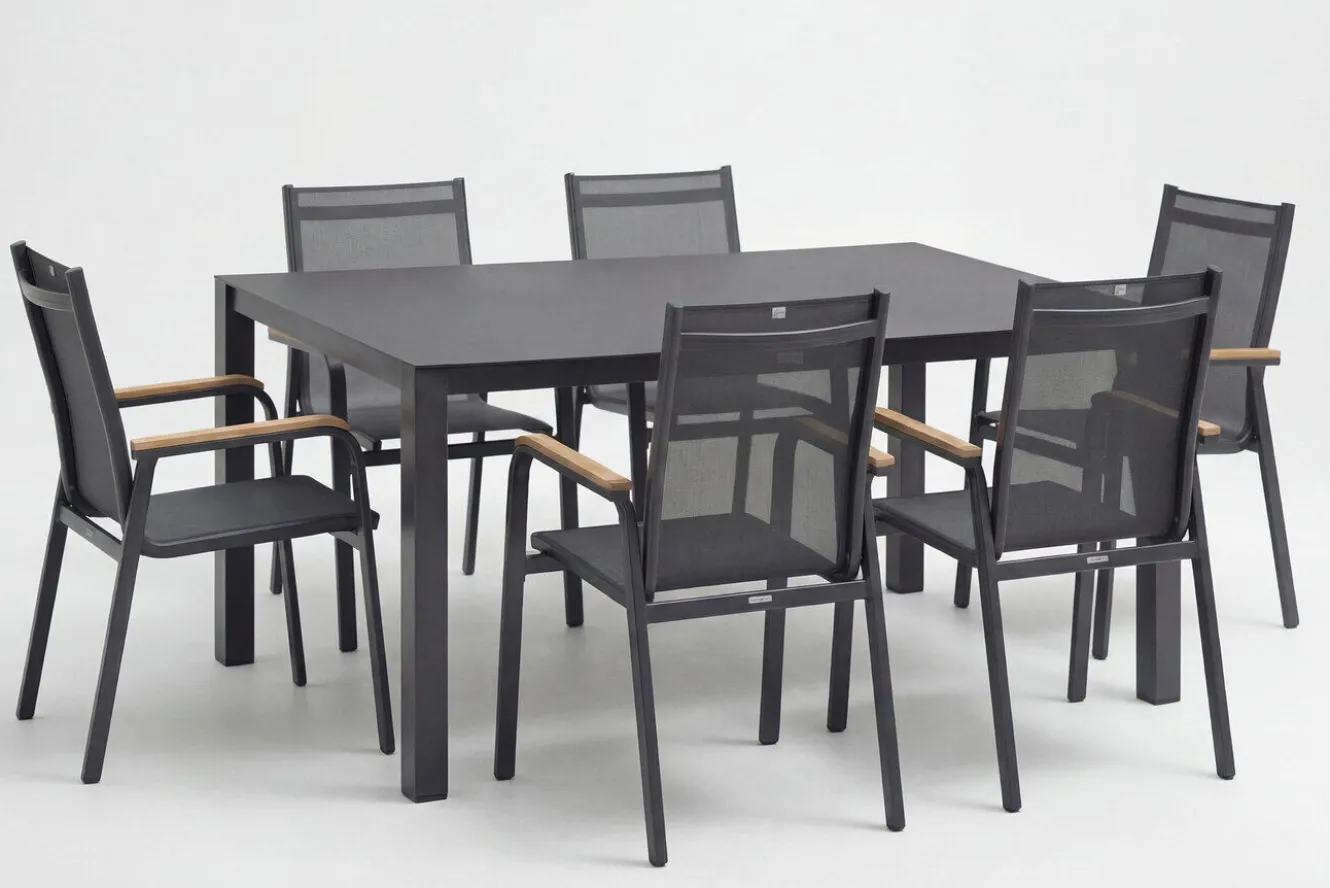 KETTLER Granada Garten-Essgruppe, Anthrazit, Alu/Spraystone, Tisch 160x95 cm, 6 Stapelsessel