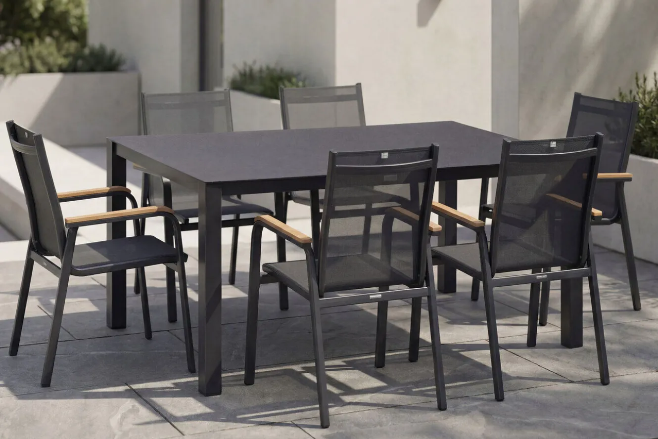 KETTLER Granada Garten-Essgruppe, Anthrazit, Alu/Spraystone, Tisch 160x95 cm, 6 Stapelsessel