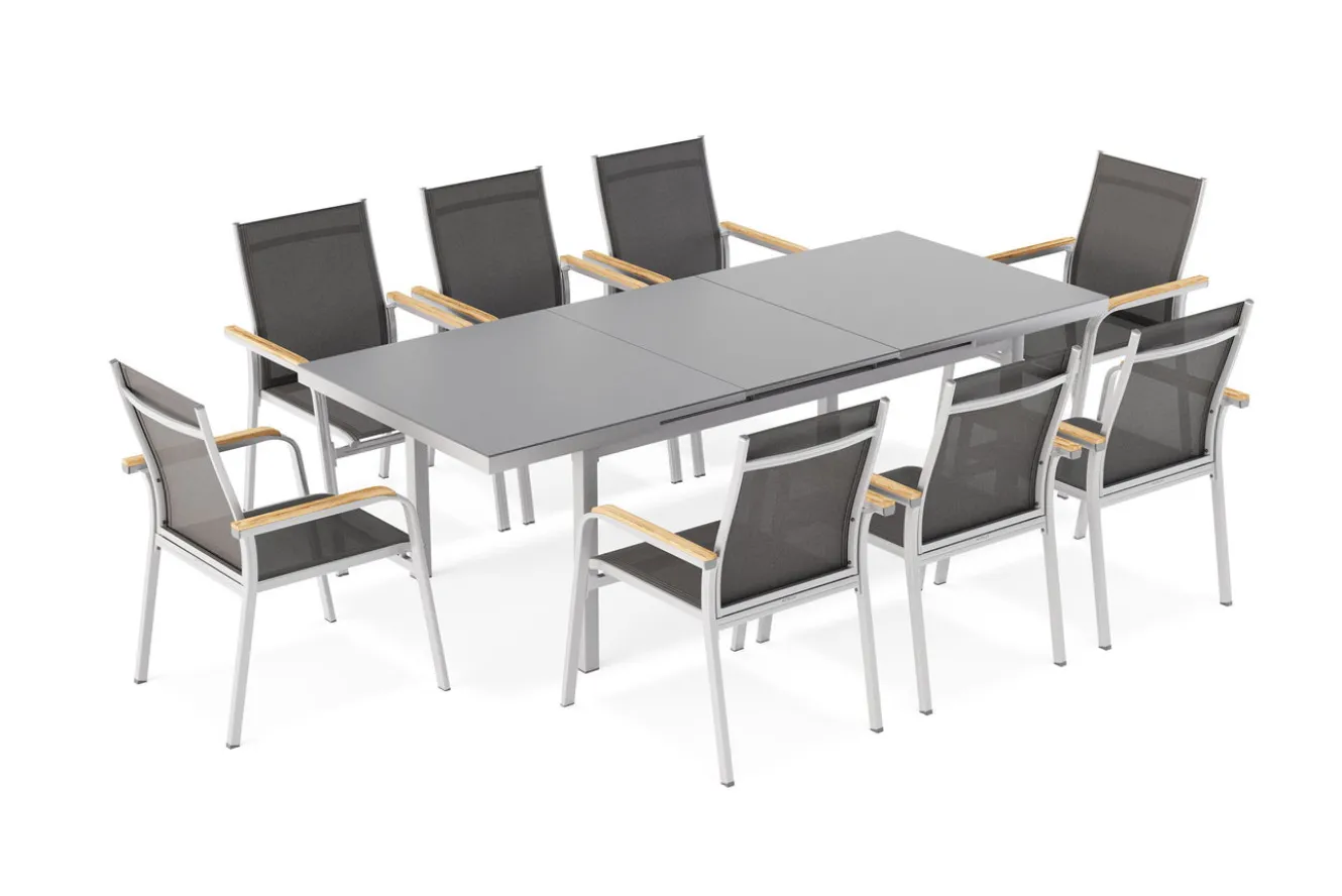Kettler Granada Garten-Essgruppe, 8 Personen, ausziehbarer Tisch 180–240 cm, Aluminium/Textilene, Teak FSC®-zertifiziert