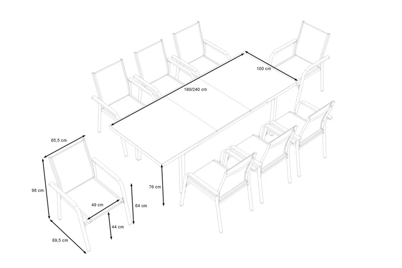 Kettler Granada Garten-Essgruppe, 8 Personen, ausziehbarer Tisch 180–240 cm, Aluminium/Textilene, Teak FSC®-zertifiziert