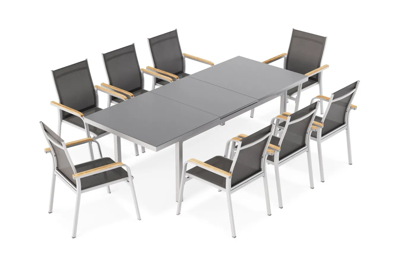 Kettler Granada Garten-Essgruppe, 8 Personen, ausziehbarer Tisch 180–240 cm, Aluminium/Textilene, Teak FSC®-zertifiziert