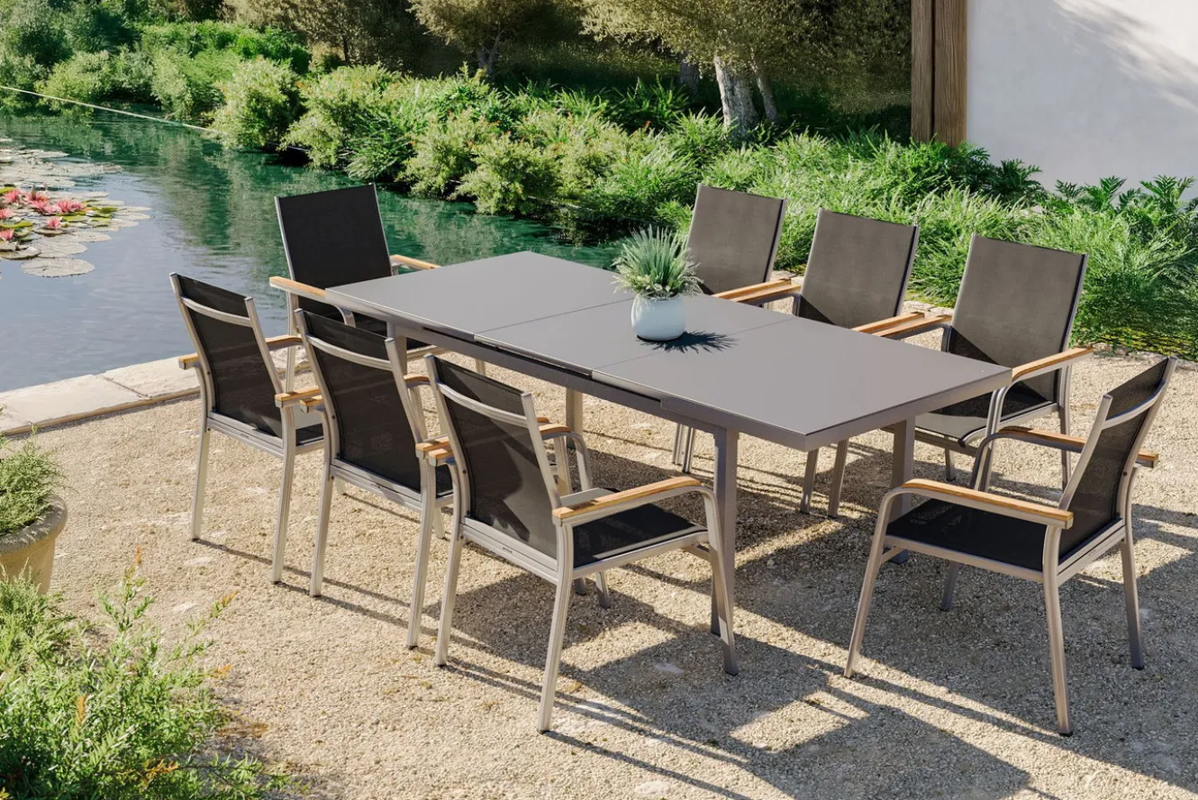 Kettler Granada Garten-Essgruppe, 8 Personen, ausziehbarer Tisch 180–240 cm, Aluminium/Textilene, Teak FSC®-zertifiziert