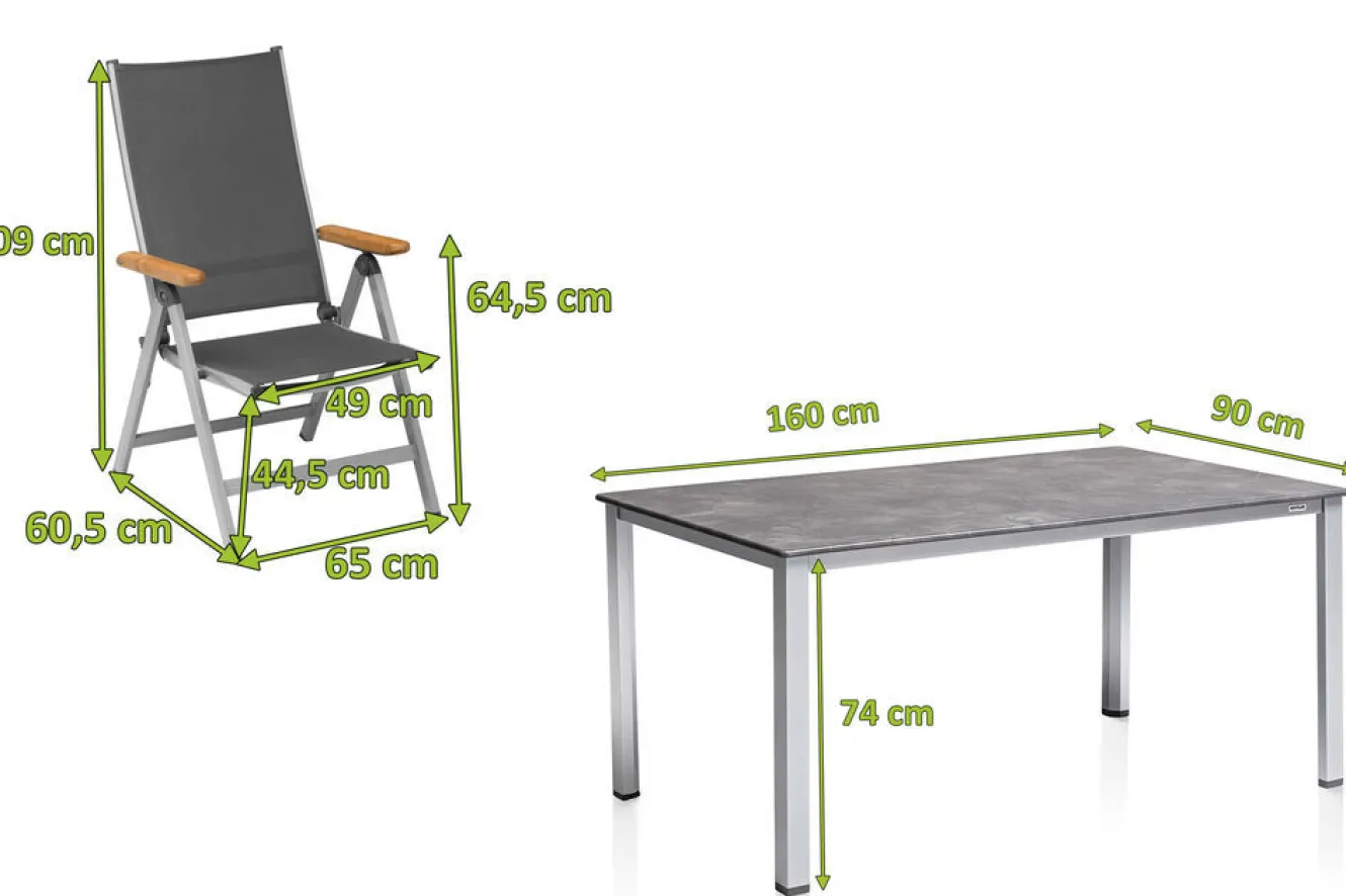 KETTLER Granada Garten-Essgruppe, silber/anthrazit, Alu, Tisch 160x90, 6 Klappstühle