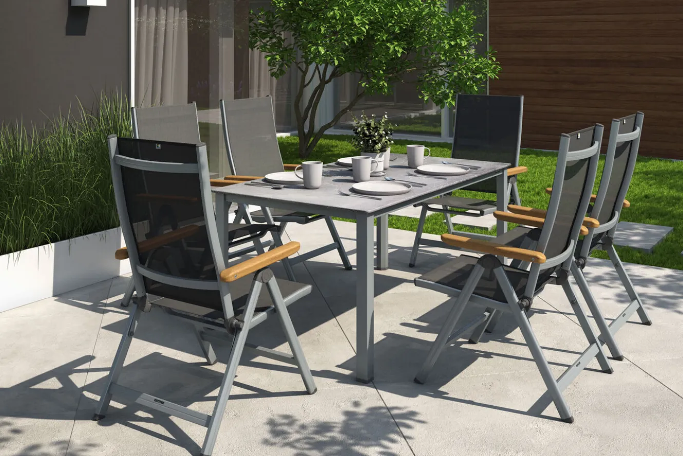 KETTLER Granada Garten-Essgruppe, silber/anthrazit, Alu, Tisch 160x90, 6 Klappstühle
