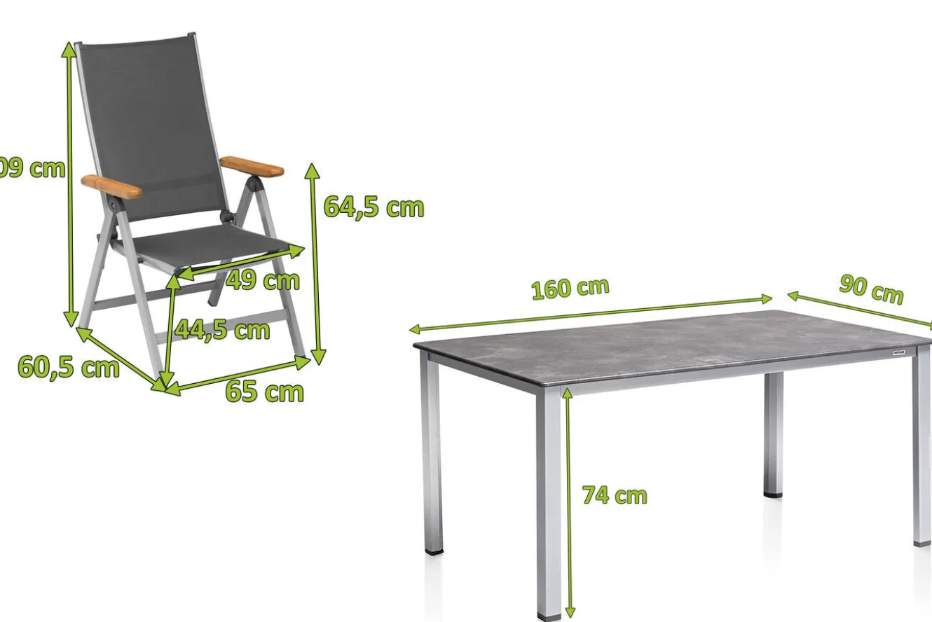 KETTLER Granada Garten-Essgruppe, silber/anthrazit, Alu, Tisch 160x90, 6 Klappstühle