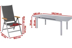 KETTLER Granada Garten-Essgruppe, silber, Alu/Textilene, Tisch 180/240x100cm, 8 Klappstühle
