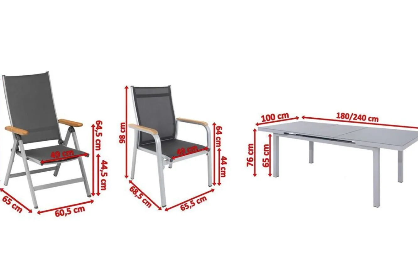 KETTLER Granada Garten-Essgruppe, silber, Alu/Textilene, Tisch 180/240x100cm, 4 Stapel-, 2 Klappstühle
