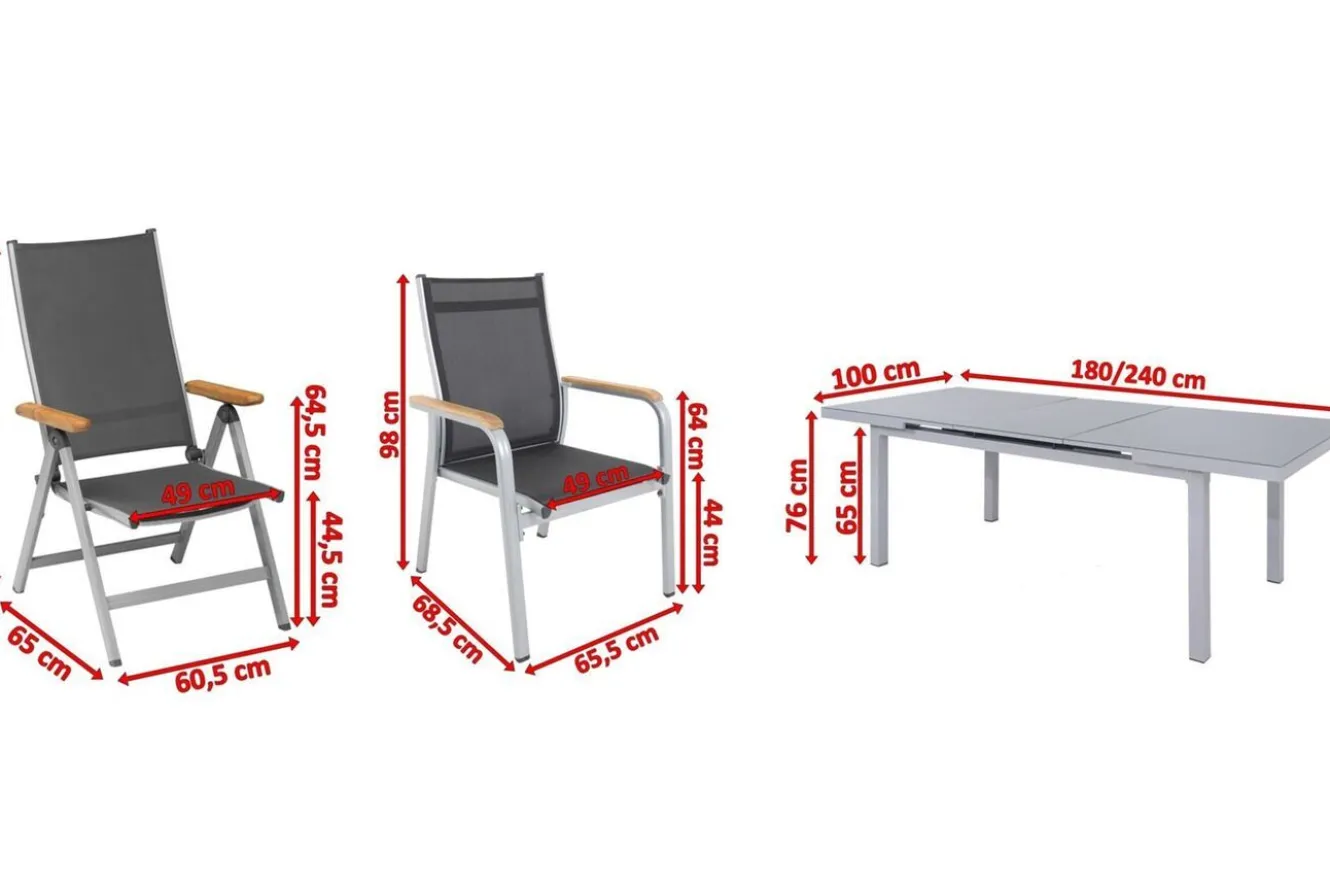 KETTLER Granada Garten-Essgruppe, silber, Alu/Textilene, Tisch 180/240x100cm, 4 Stapel-, 2 Klappstühle