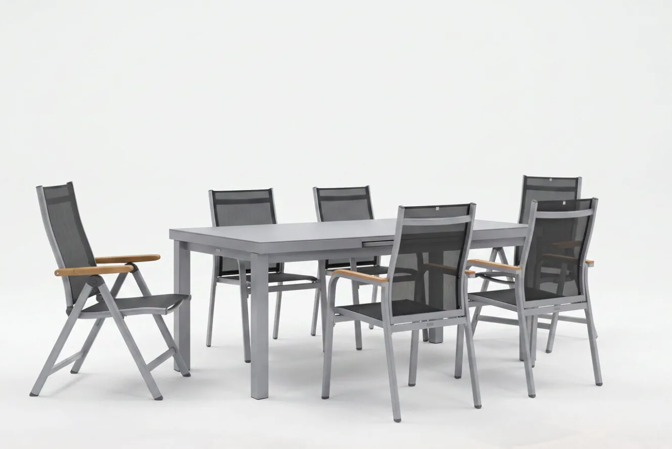 KETTLER Granada Garten-Essgruppe, silber, Alu/Textilene, Tisch 180/240x100cm, 4 Stapel-, 2 Klappstühle