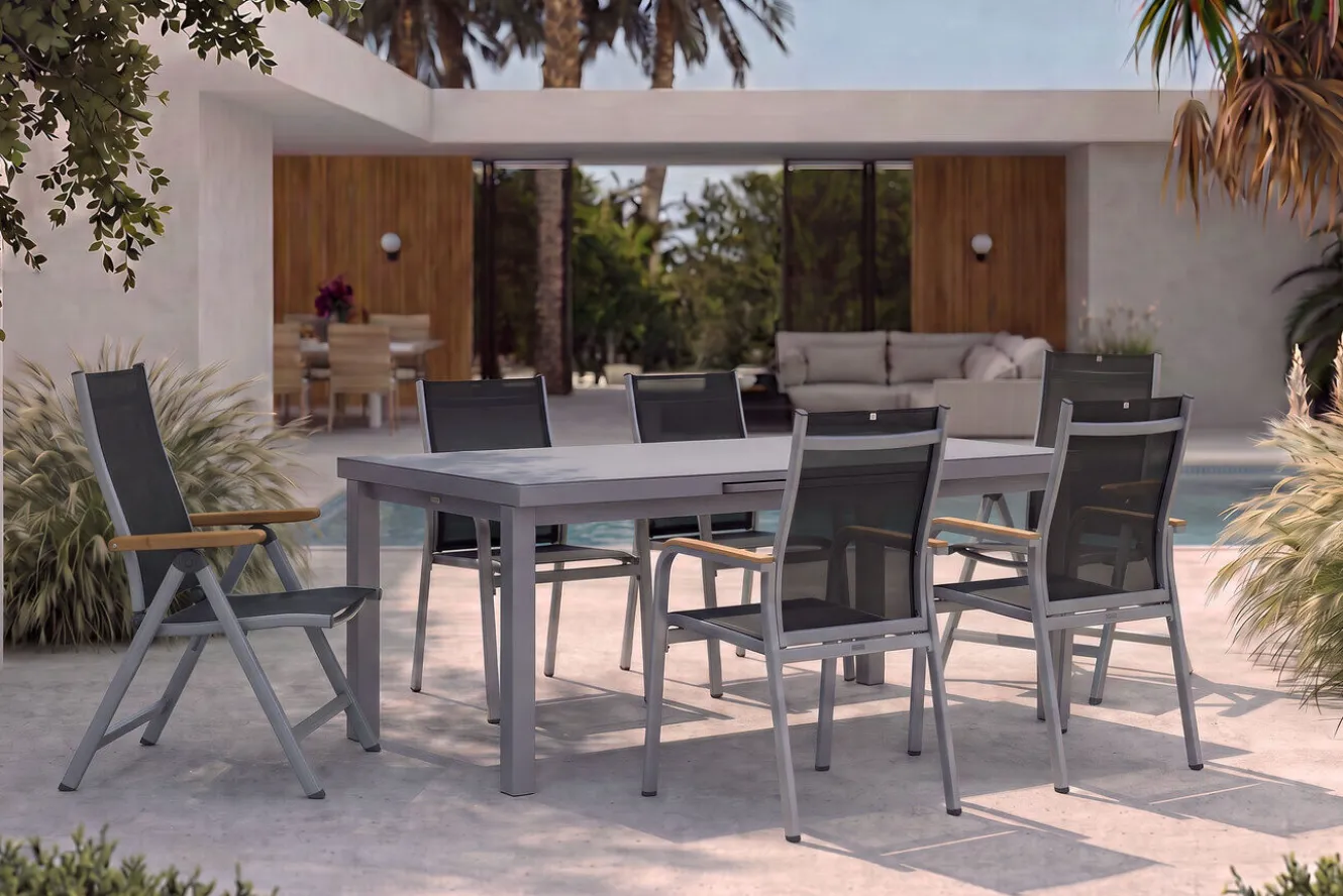 KETTLER Granada Garten-Essgruppe, silber, Alu/Textilene, Tisch 180/240x100cm, 4 Stapel-, 2 Klappstühle