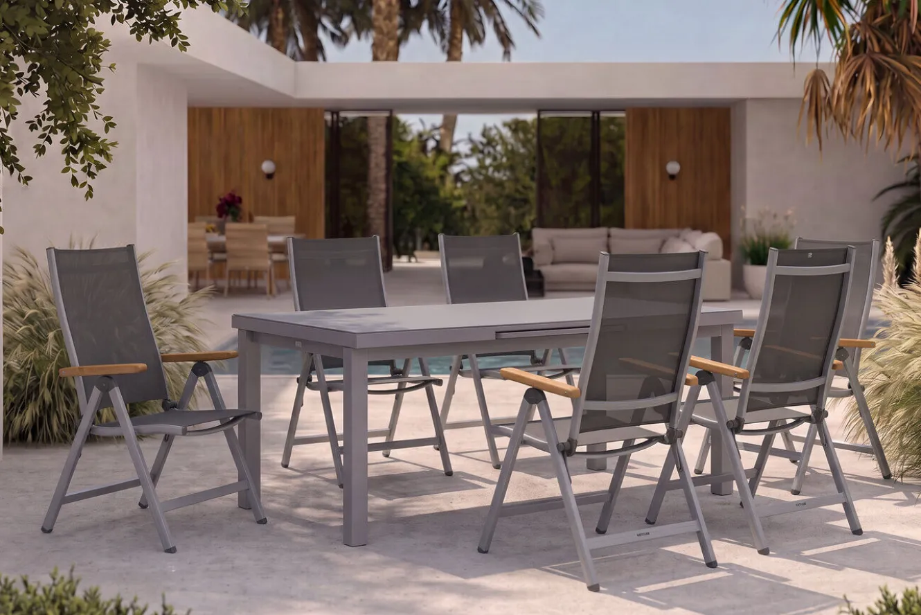 KETTLER Granada Garten-Essgruppe, silber, Alu/Textilene, Tisch 180/240x100cm, 6 Klappstühle