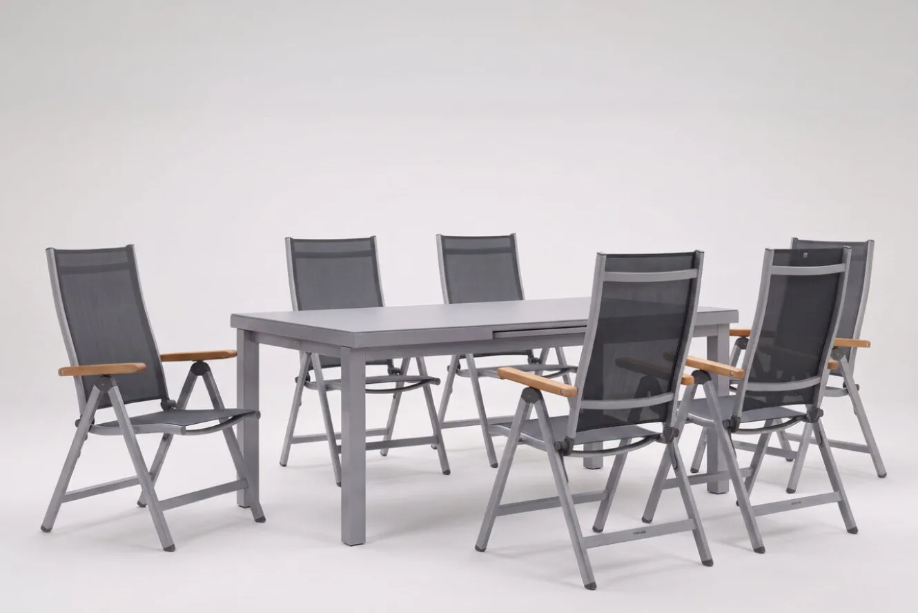 KETTLER Granada Garten-Essgruppe, silber, Alu/Textilene, Tisch 180/240x100cm, 6 Klappstühle
