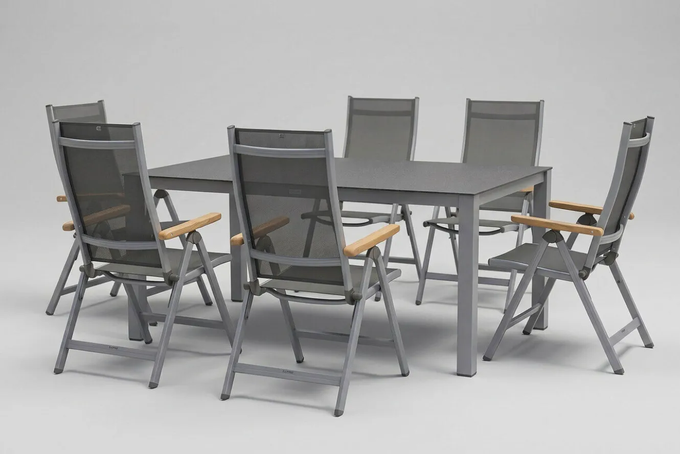 KETTLER Granada Garten-Essgruppe, silber/anthrazit, Alu/Spraystone/Textil, 160 x 95 cm, 6 Klappstühle