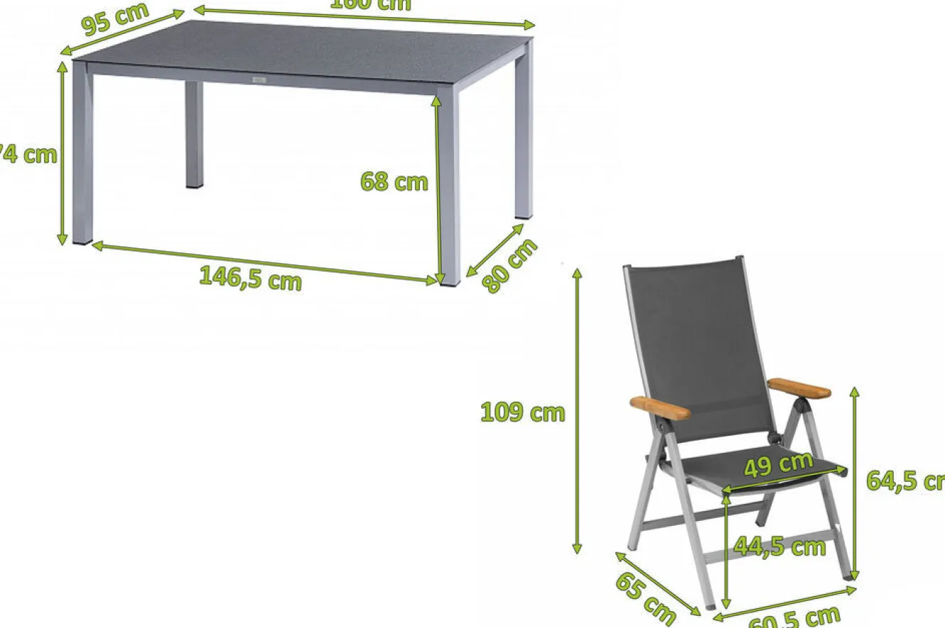KETTLER Granada Garten-Essgruppe, silber/anthrazit, Alu/Spraystone/Textil, 160 x 95 cm, 6 Klappstühle