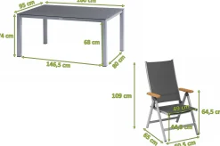 KETTLER Granada Garten-Essgruppe, silber/anthrazit, Alu/Spraystone/Textil, 160 x 95 cm, 6 Klappstühle