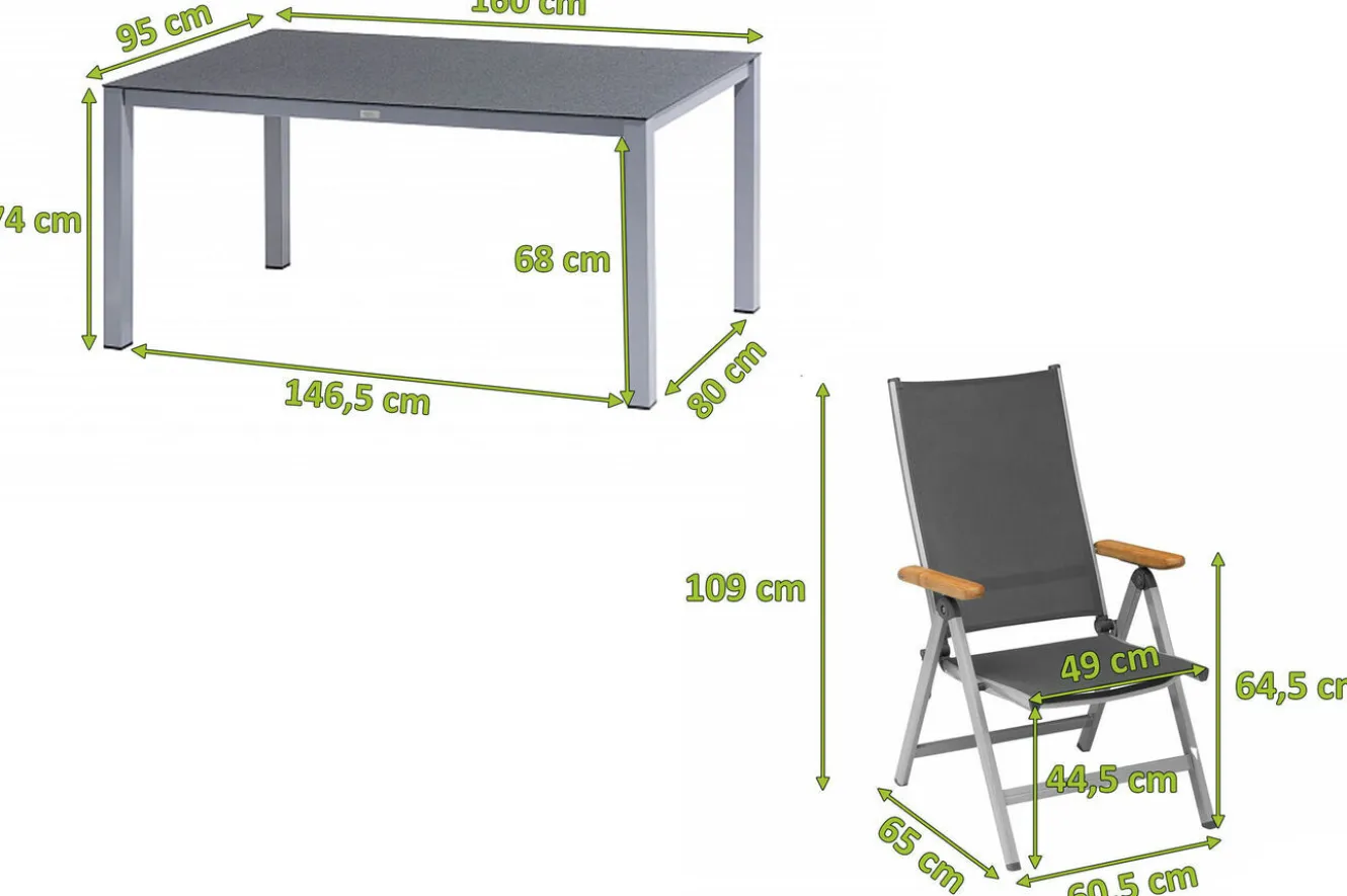 KETTLER Granada Garten-Essgruppe, silber/anthrazit, Alu/Spraystone/Textil, 160 x 95 cm, 6 Klappstühle