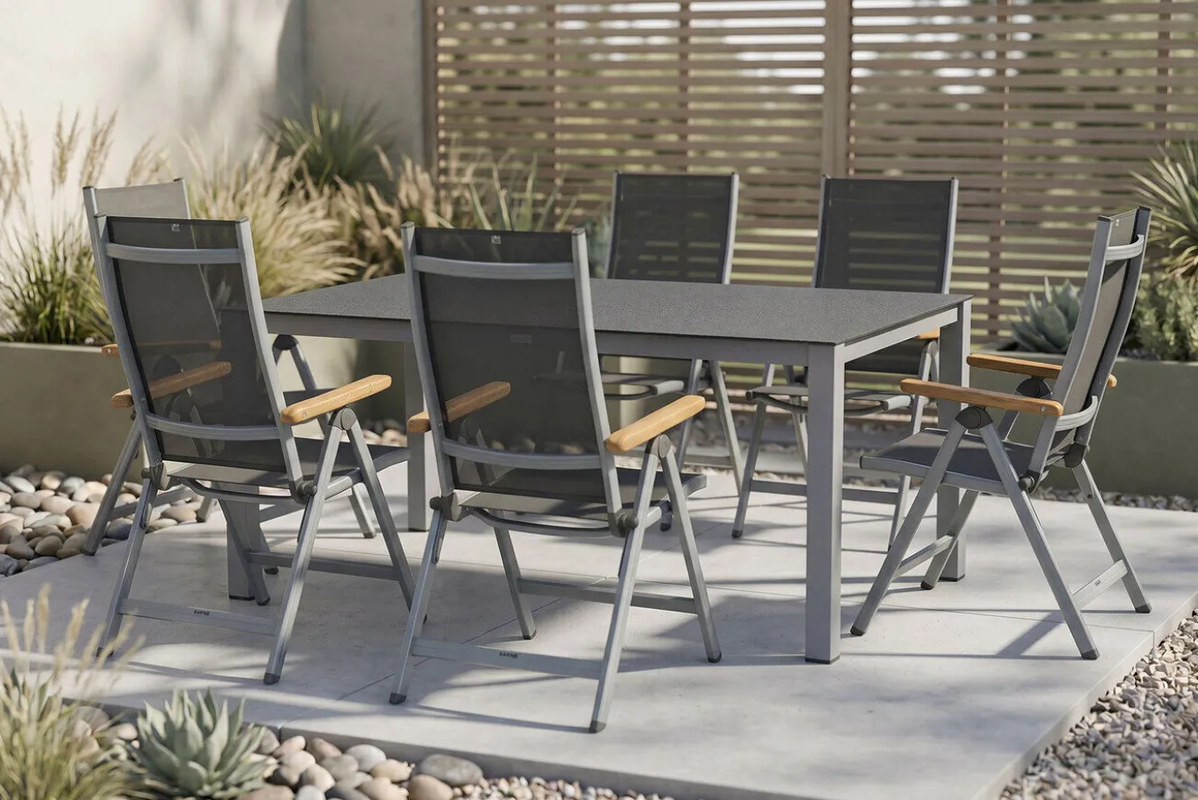 KETTLER Granada Garten-Essgruppe, silber/anthrazit, Alu/Spraystone/Textil, 160 x 95 cm, 6 Klappstühle