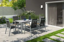KETTLER Granada Garten-Essgruppe, silber/anthrazit, Alu, Tisch 160x90, 6 Stapelsessel