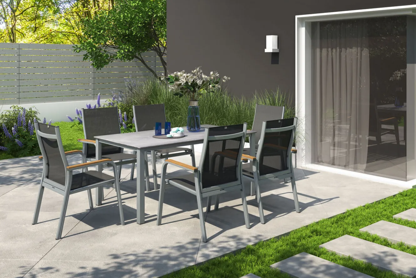 KETTLER Granada Garten-Essgruppe, silber/anthrazit, Alu, Tisch 160x90, 6 Stapelsessel