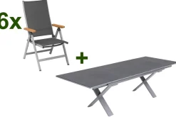 KETTLER Granada Garten-Essgruppe, silber / anthrazit, Alu / Spraystone / Teak, Tisch 180/280x100cm, 6 Klappstühle