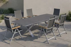 KETTLER Granada Garten-Essgruppe, silber / anthrazit, Alu / Spraystone / Teak, Tisch 180/280x100cm, 6 Klappstühle