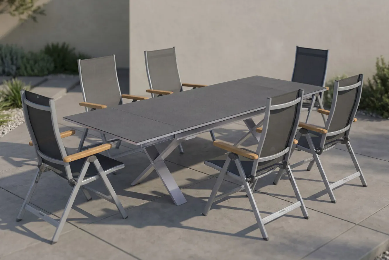KETTLER Granada Garten-Essgruppe, silber / anthrazit, Alu / Spraystone / Teak, Tisch 180/280x100cm, 6 Klappstühle