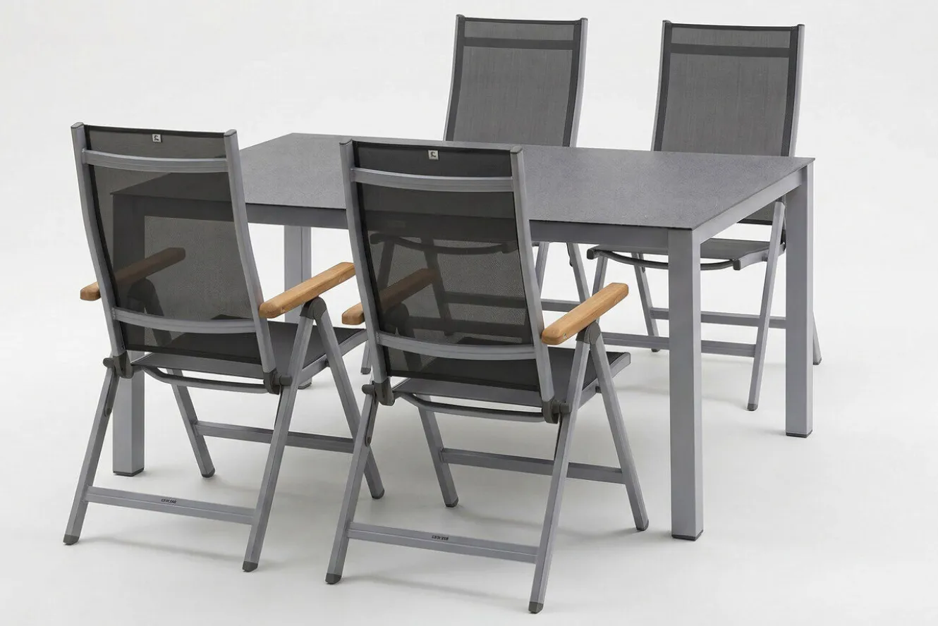 KETTLER Granada Garten-Essgruppe, silber/anthrazit, Alu/Spraystone/Textil, 160 x 95 cm, 4 Klappstühle