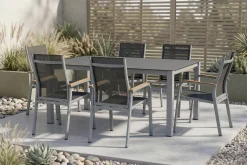 KETTLER Granada Garten-Essgruppe, silber/anthrazit, Alu/Spraystone/Textil, 160x95 cm, 6 Stapelsessel