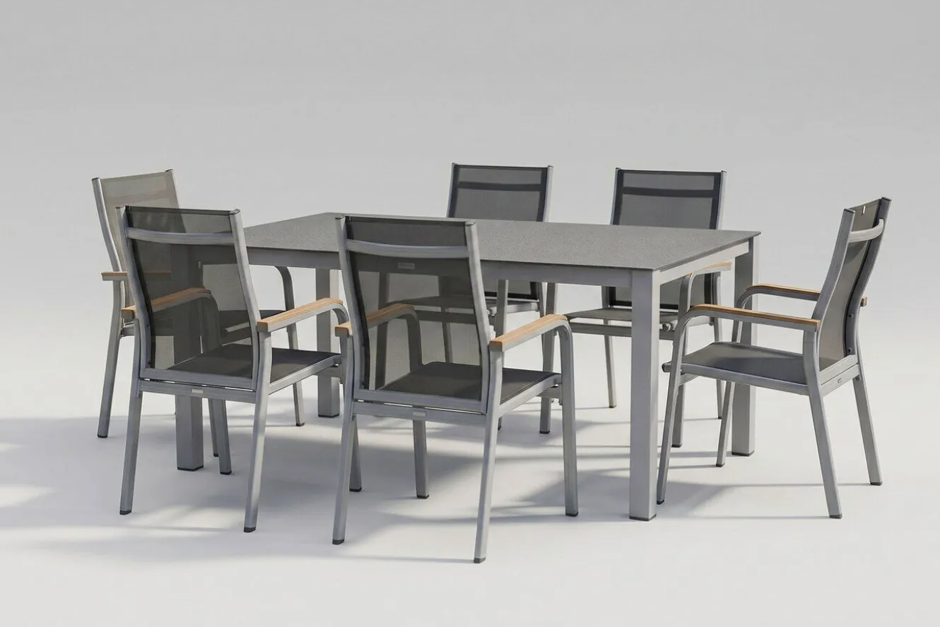 KETTLER Granada Garten-Essgruppe, silber/anthrazit, Alu/Spraystone/Textil, 160x95 cm, 6 Stapelsessel
