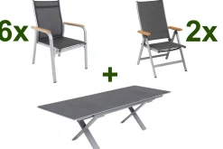 KETTLER Granada Garten-Essgruppe, silber / anthrazit, Alu / Spraystone / Teak, Tisch 180/280 x 100 cm, 6 Stapelsessel, 2 Klappstühle