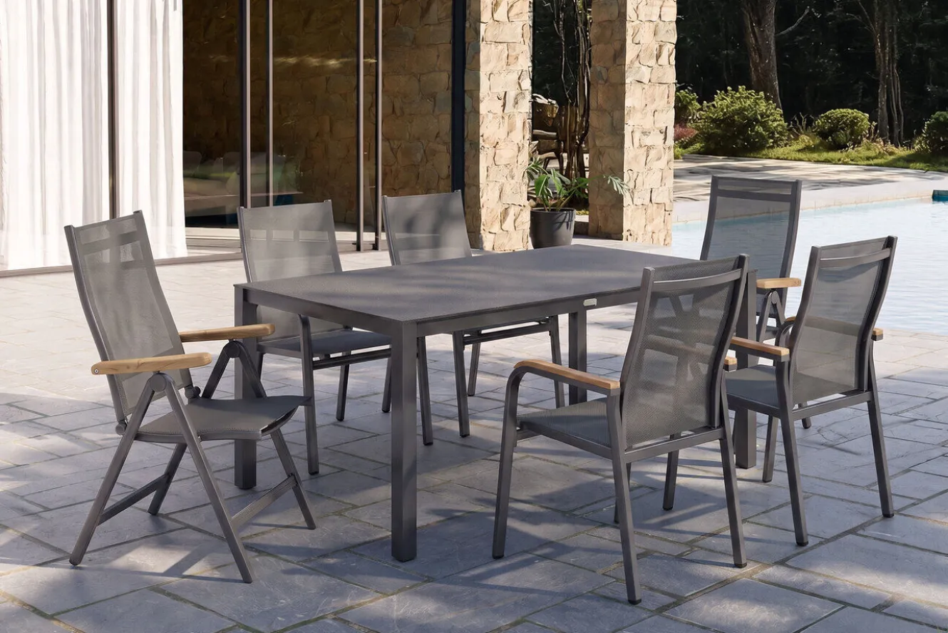 KETTLER Granada Gartengarnitur, Anthrazit, Alu/Spraystone, Esstisch 160x95 cm, 4 Stapelsessel, 2 Klappstühle