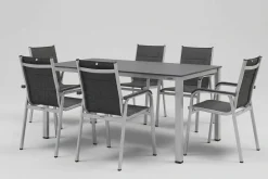 KETTLER KETTALUX-PLUS/Basic Plus Padded Sitzgruppe, silber/anthrazit/grau, Alu/Textilene, 160x95 cm,6 Stapelsessel, gepolsterte Sitz - und Rückenfläche