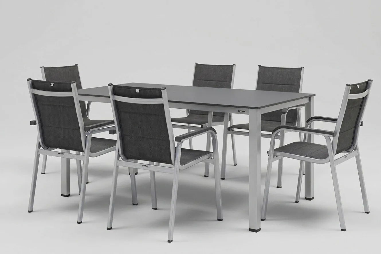 KETTLER KETTALUX-PLUS/Basic Plus Padded Sitzgruppe, silber/anthrazit/grau, Alu/Textilene, 160x95 cm,6 Stapelsessel, gepolsterte Sitz - und Rückenfläche