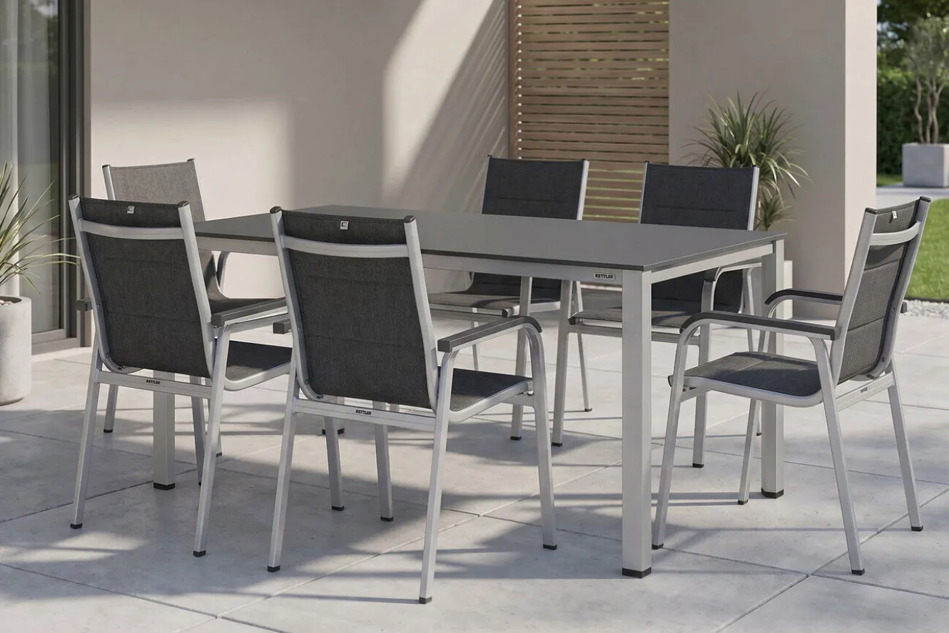 KETTLER KETTALUX-PLUS/Basic Plus Padded Sitzgruppe, silber/anthrazit/grau, Alu/Textilene, 160x95 cm,6 Stapelsessel, gepolsterte Sitz - und Rückenfläche