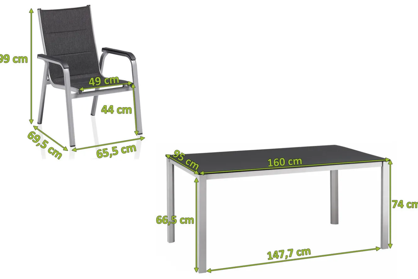 KETTLER KETTALUX-PLUS/Basic Plus Padded Sitzgruppe, silber/anthrazit/grau, Alu/Textilene, 160x95 cm,4 Stapelsessel, gepolsterte Sitz - und Rückenfläche
