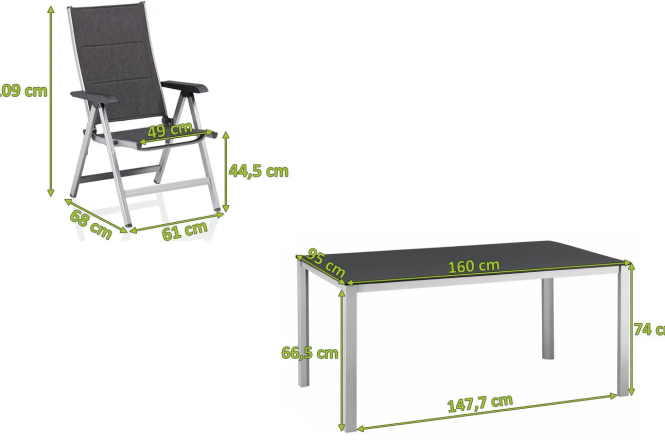 KETTLER KETTALUX-PLUS/Basic Plus Padded Sitzgruppe, silber/anthrazit, Alu/Textilene, Tisch 160x95 cm, 6 Klappstühle