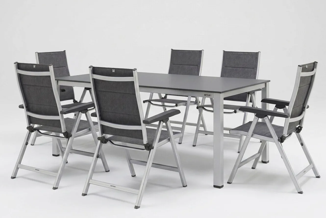 KETTLER KETTALUX-PLUS/Basic Plus Padded Sitzgruppe, silber/anthrazit, Alu/Textilene, Tisch 160x95 cm, 6 Klappstühle