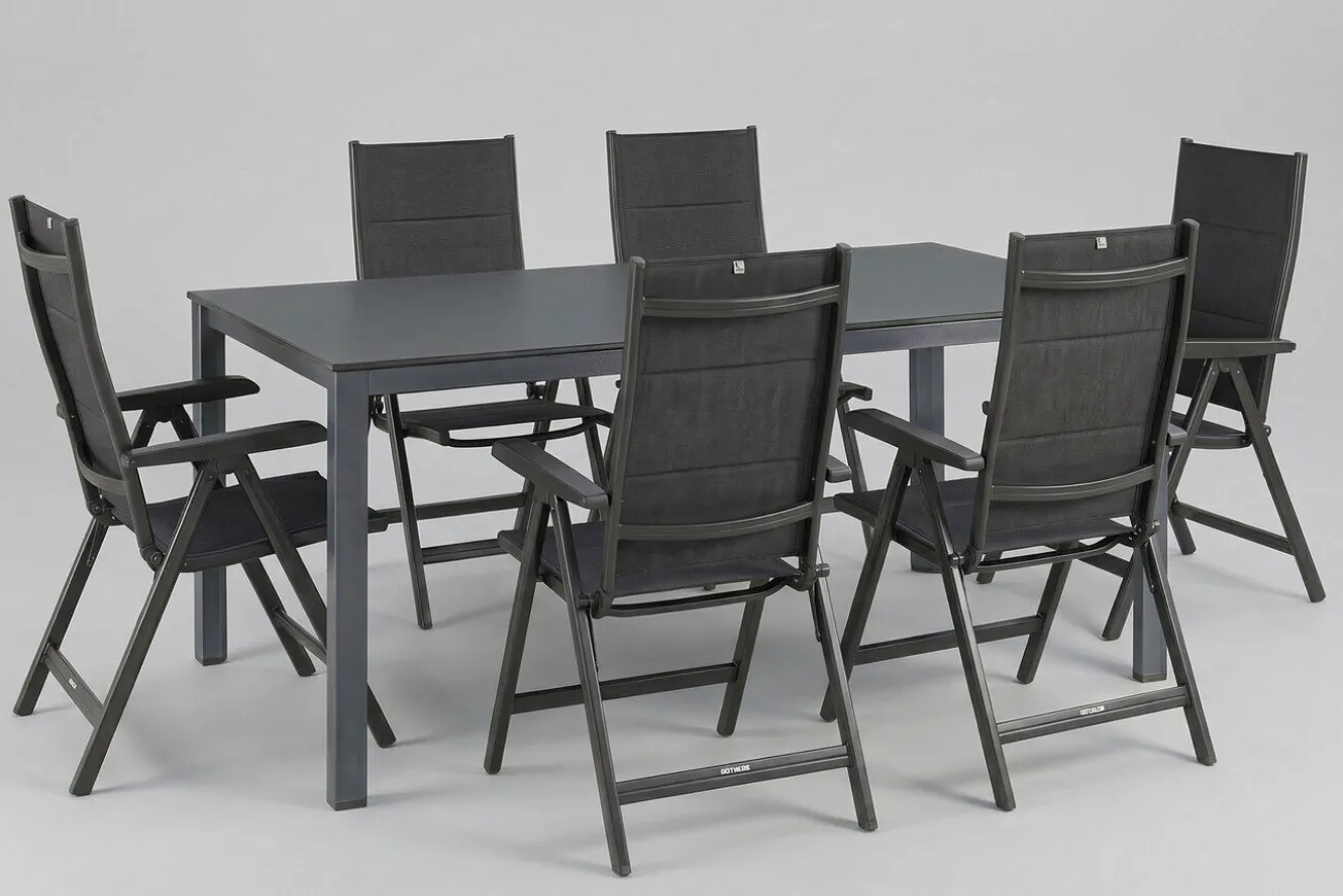 KETTLER KETTALUX-PLUS/Basic Plus Padded Sitzgruppe, anthrazit, Alu/Textilene, Tisch 160x95 cm, 6 Klappstühle