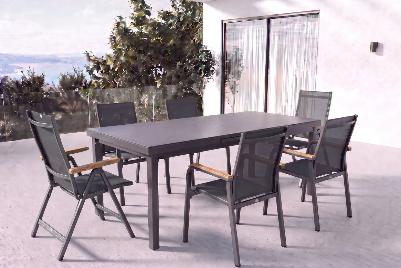 KETTLER Premium/Granada Garten-Essgruppe, Anthrazit/Grau, Alu/Glas, Ausziehtisch 180/240x100cm, 4 Stapelsessel, 2 Klappstühle