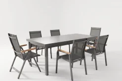 KETTLER Premium/Granada Garten-Essgruppe, Anthrazit/Grau, Alu/Glas, Ausziehtisch 180/240x100cm, 4 Stapelsessel, 2 Klappstühle