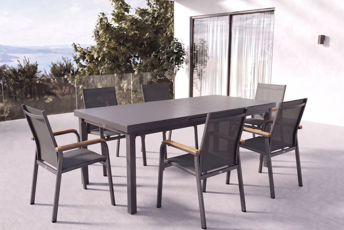 KETTLER Premium/Granada Garten-Essgruppe, anthrazit/grau, Alu/Glas, Ausziehtisch 180/240x100cm, 6 Stapelsessel