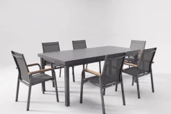 KETTLER Premium/Granada Garten-Essgruppe, anthrazit/grau, Alu/Glas, Ausziehtisch 180/240x100cm, 6 Stapelsessel