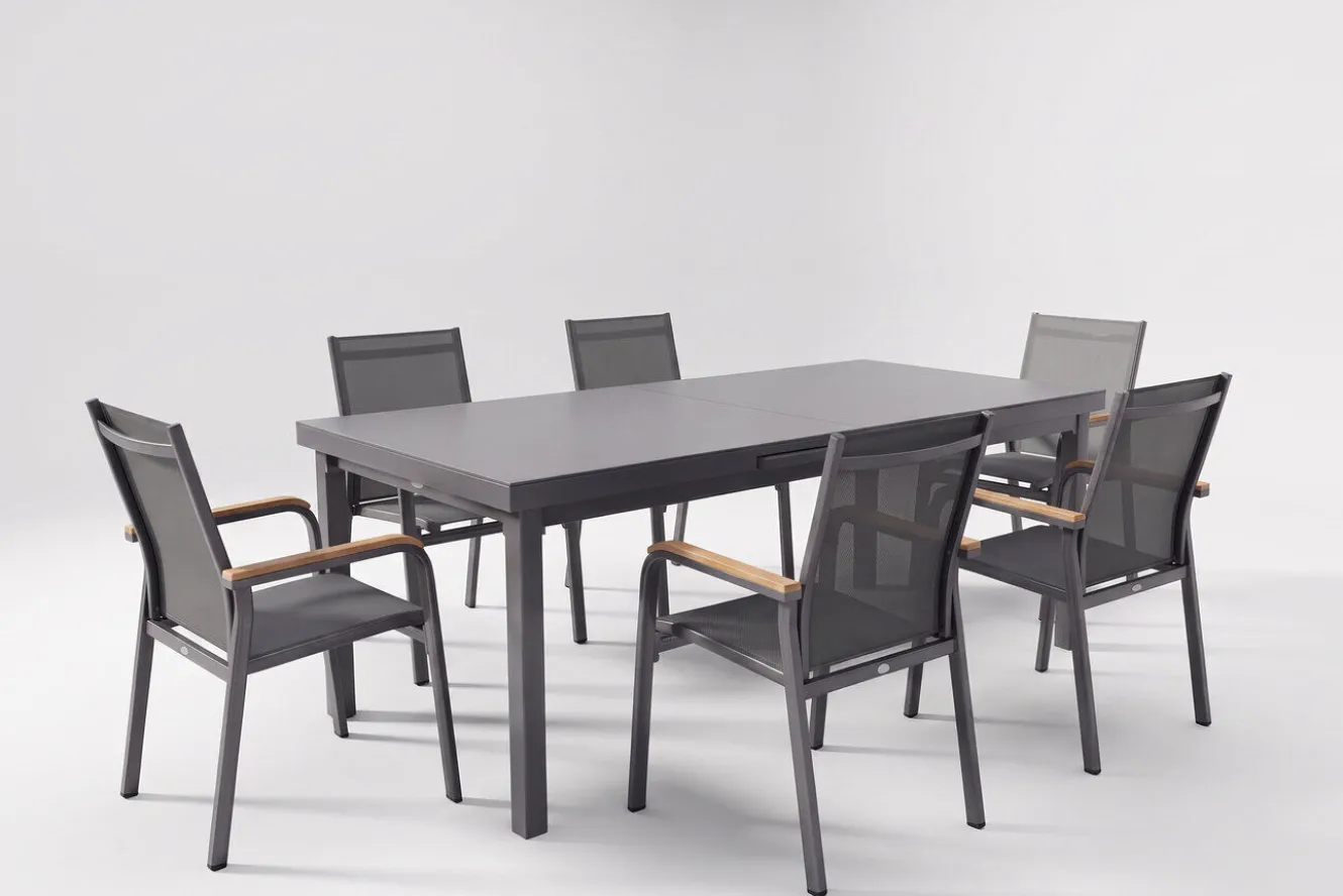 KETTLER Premium/Granada Garten-Essgruppe, anthrazit/grau, Alu/Glas, Ausziehtisch 180/240x100cm, 6 Stapelsessel