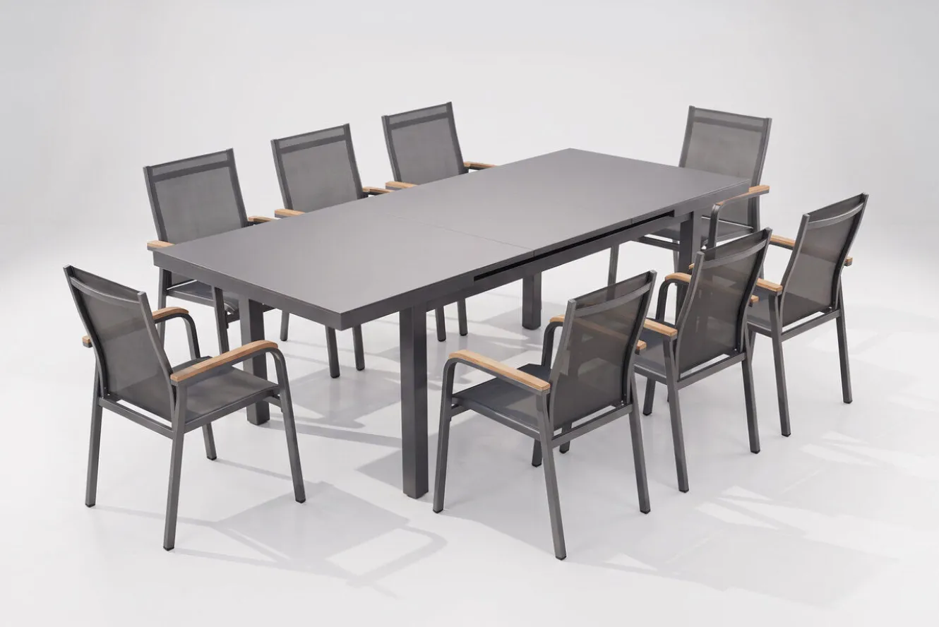 KETTLER Premium/Granada Garten-Essgruppe, Anthrazit/Grau, Alu/Glas, Ausziehtisch 180/240x100cm, 8 Stapelsessel
