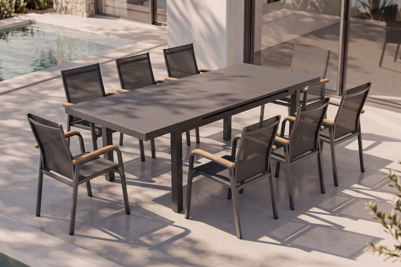 KETTLER Premium/Granada Garten-Essgruppe, Anthrazit/Grau, Alu/Glas, Ausziehtisch 180/240x100cm, 8 Stapelsessel