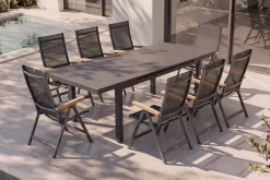 KETTLER Premium/Granada Garten-Essgruppe, Anthrazit/Grau, Alu/Glas, Ausziehtisch 180/240x100cm, 8 Klappstühle