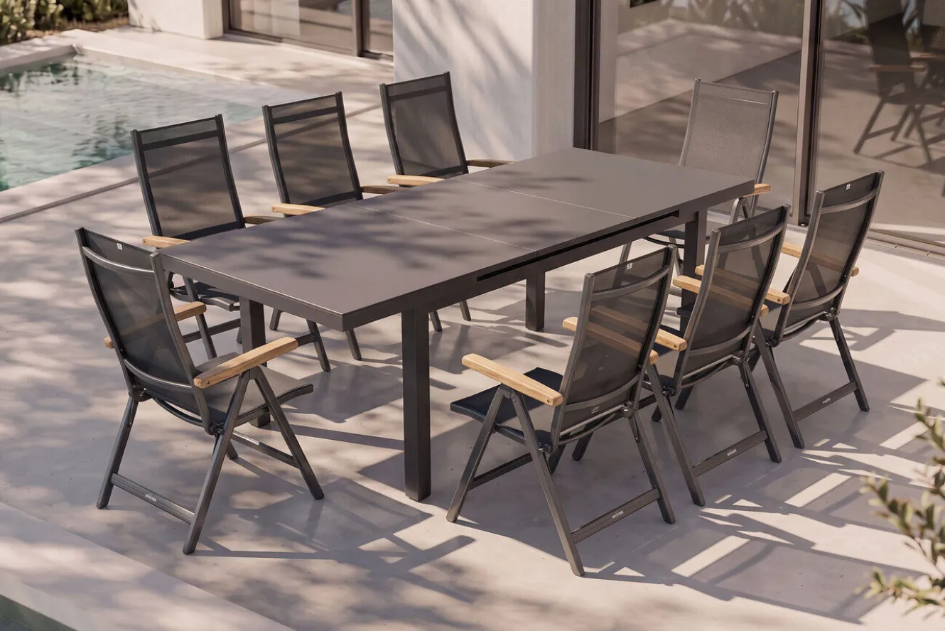 KETTLER Premium/Granada Garten-Essgruppe, Anthrazit/Grau, Alu/Glas, Ausziehtisch 180/240x100cm, 8 Klappstühle