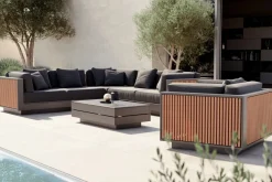 LIVING ZONE Aztec Plus Gartenlounge, natur/schwarz, Alu/Polyester/Holzimitat, pulverbeschichtet, wetterbeständig, inkl. Kissen & Polster
