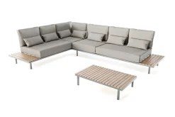 LIVING ZONE Baki Gartenlounge, natur/grau, Edelstahl/Teak, wetterbeständig, rostfrei, verstellbare Rückenlehne, abnehmbare Bezüge