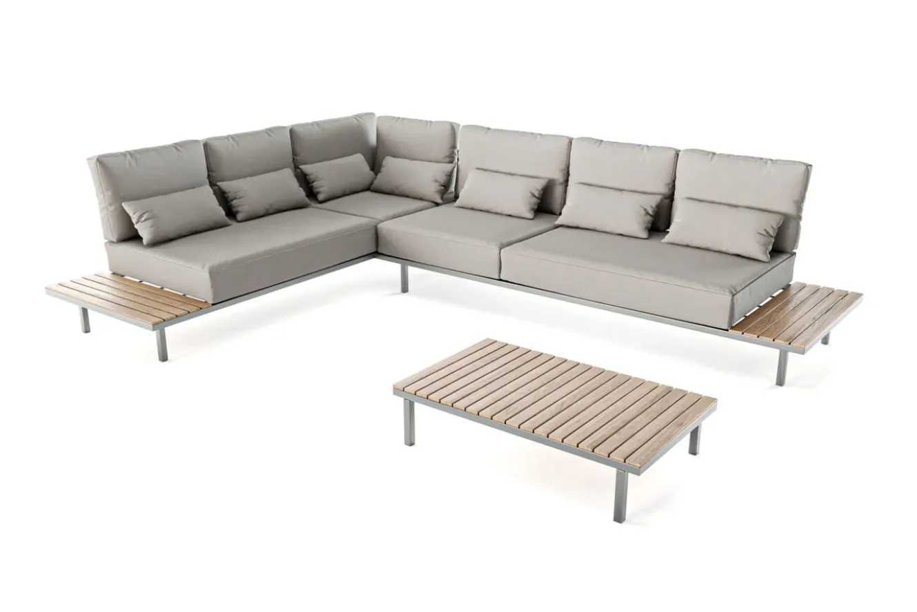 LIVING ZONE Baki Gartenlounge, natur/grau, Edelstahl/Teak, wetterbeständig, rostfrei, verstellbare Rückenlehne, abnehmbare Bezüge